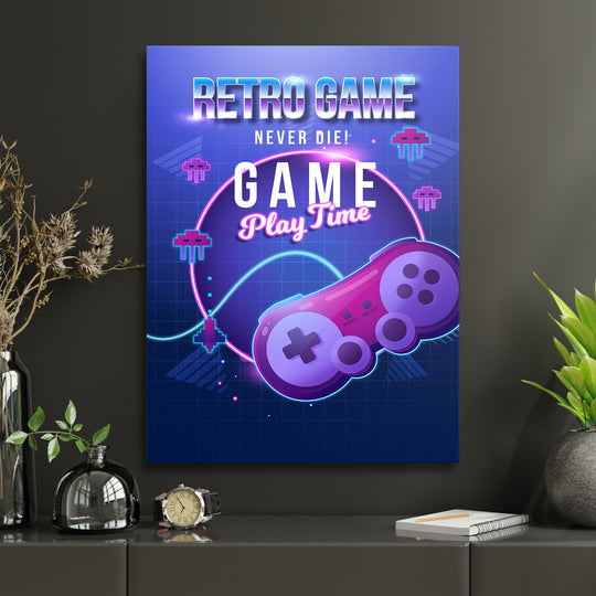 Herní obraz Retro Game - Pixeloví vetřelci v interiéru s hodinami.