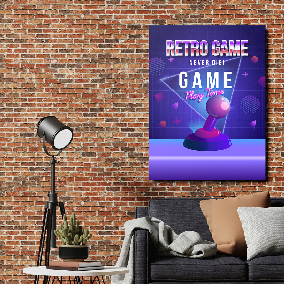 Herní obraz Retro Game Never Die - Neonový joystick na cihlové zdi.
