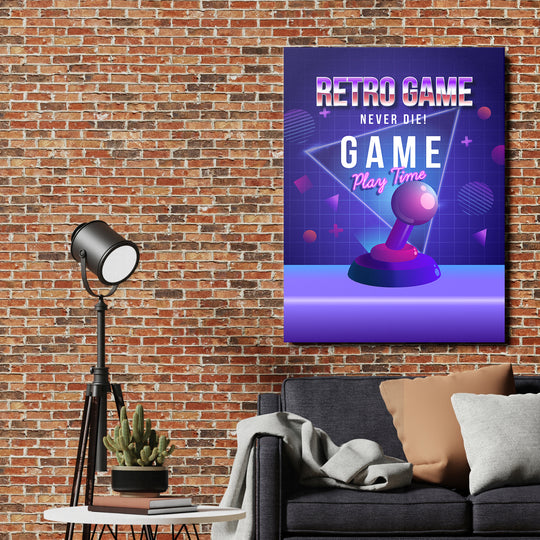 Herní obraz Retro Game Never Die - Neonový joystick na cihlové zdi.