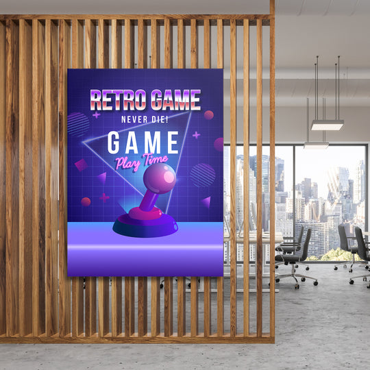 Herní obraz Retro Game Never Die - Neonový joystick na dřevěné stěně.