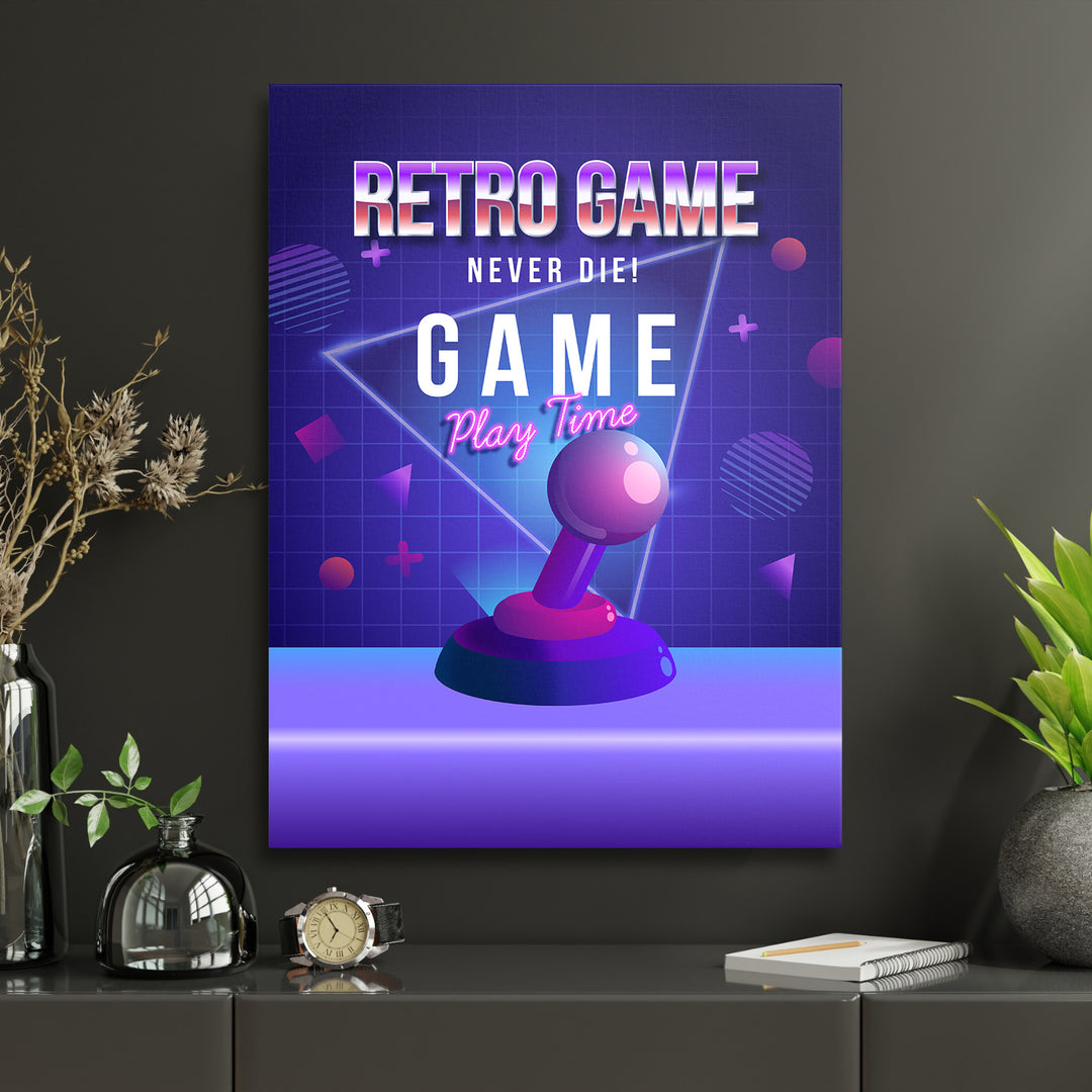 Herní obraz Retro Game Never Die - Neonový joystick v interiéru s hodinami.