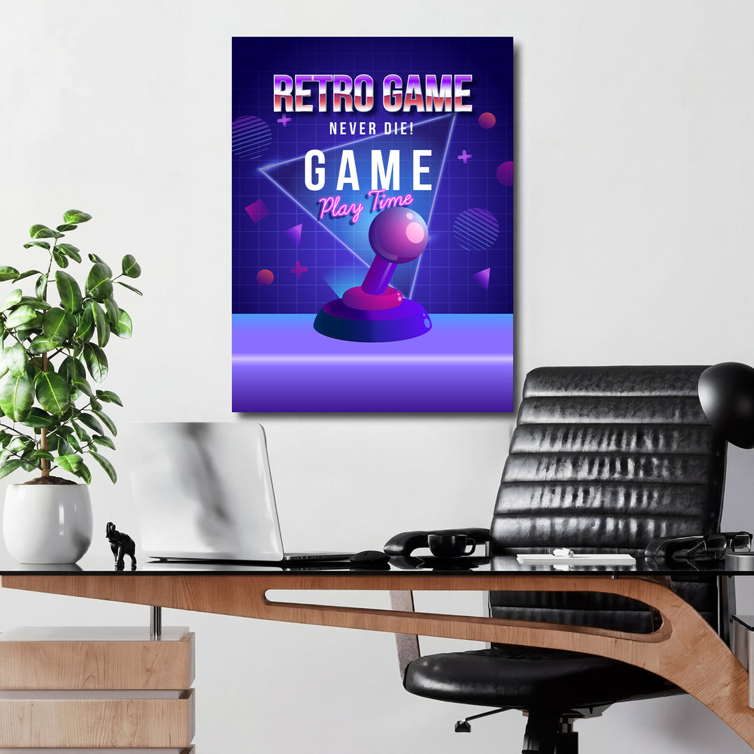 Herní obraz Retro Game Never Die - Neonový joystick v kanceláři.
