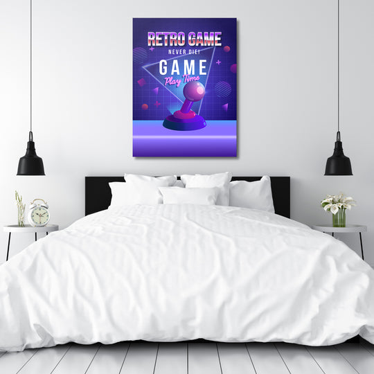 Herní obraz Retro Game Never Die - Neonový joystick nad postelí.