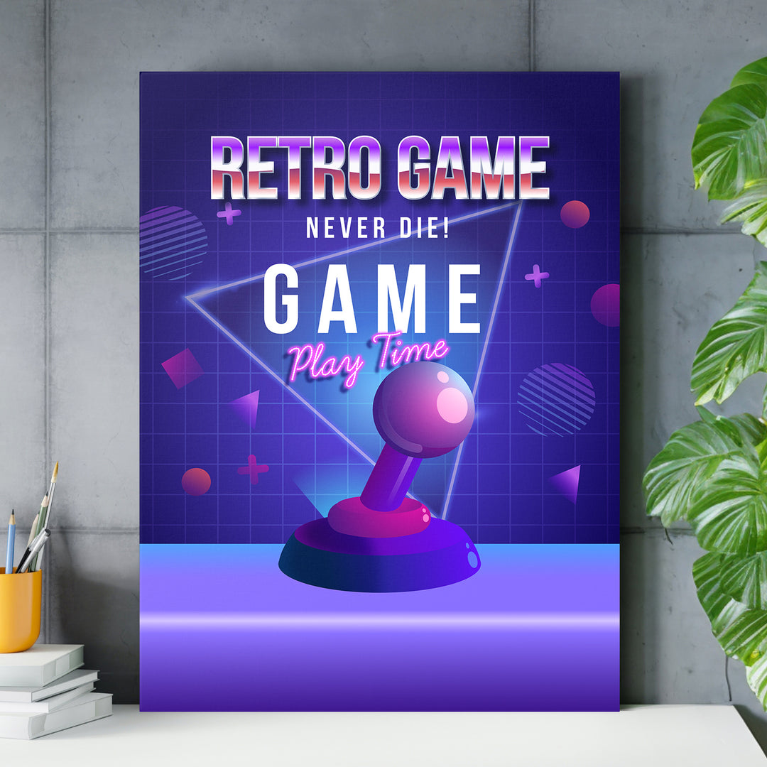 Herní obraz Retro Game Never Die - Neonový joystick nad pracovním stolem.