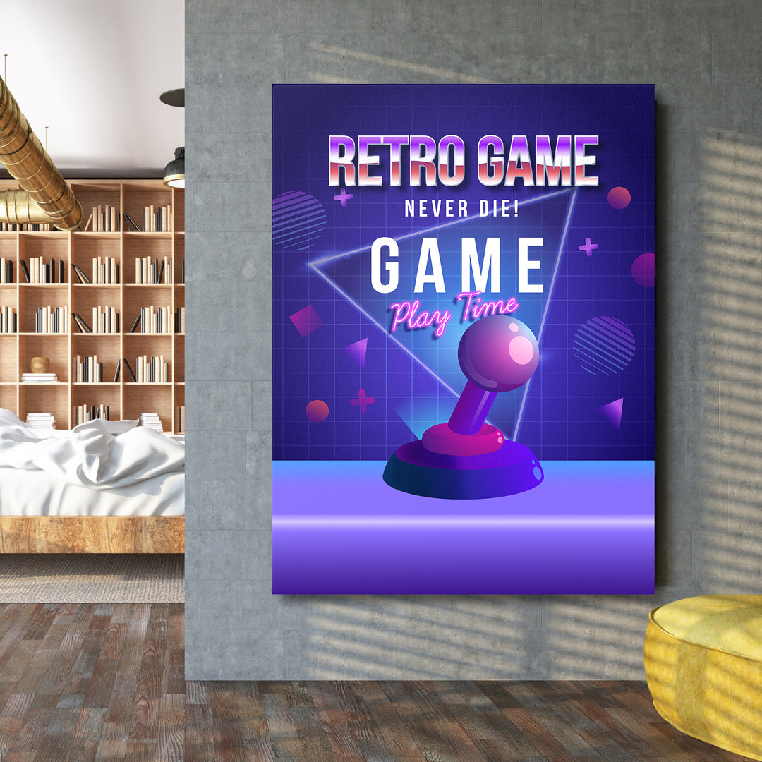 Herní obraz Retro Game Never Die - Neonový joystick na velké stěně.