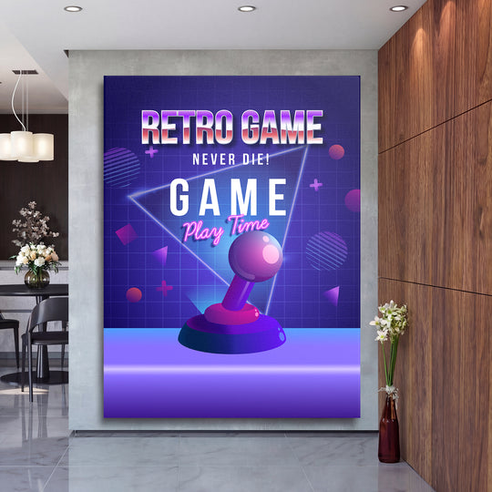 Herní obraz Retro Game Never Die - Neonový joystick na velké stěně, druhý pohled.