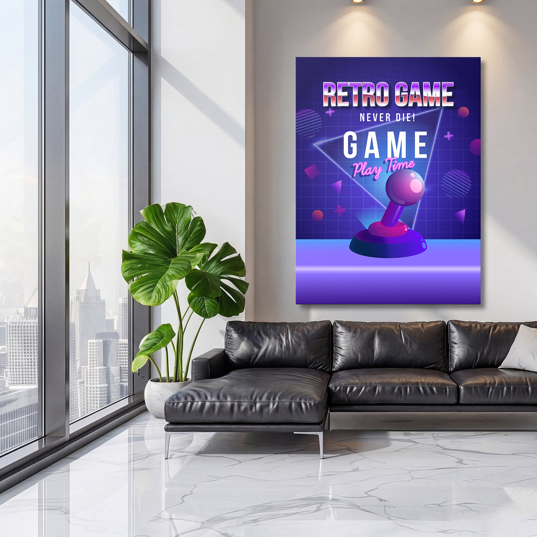 Herní obraz Retro Game Never Die - Neonový joystick na velké stěně, třetí pohled.