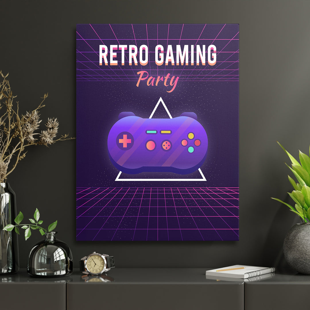 Herní obraz Retro Gaming Party - Gamepad v interiéru s hodinami.