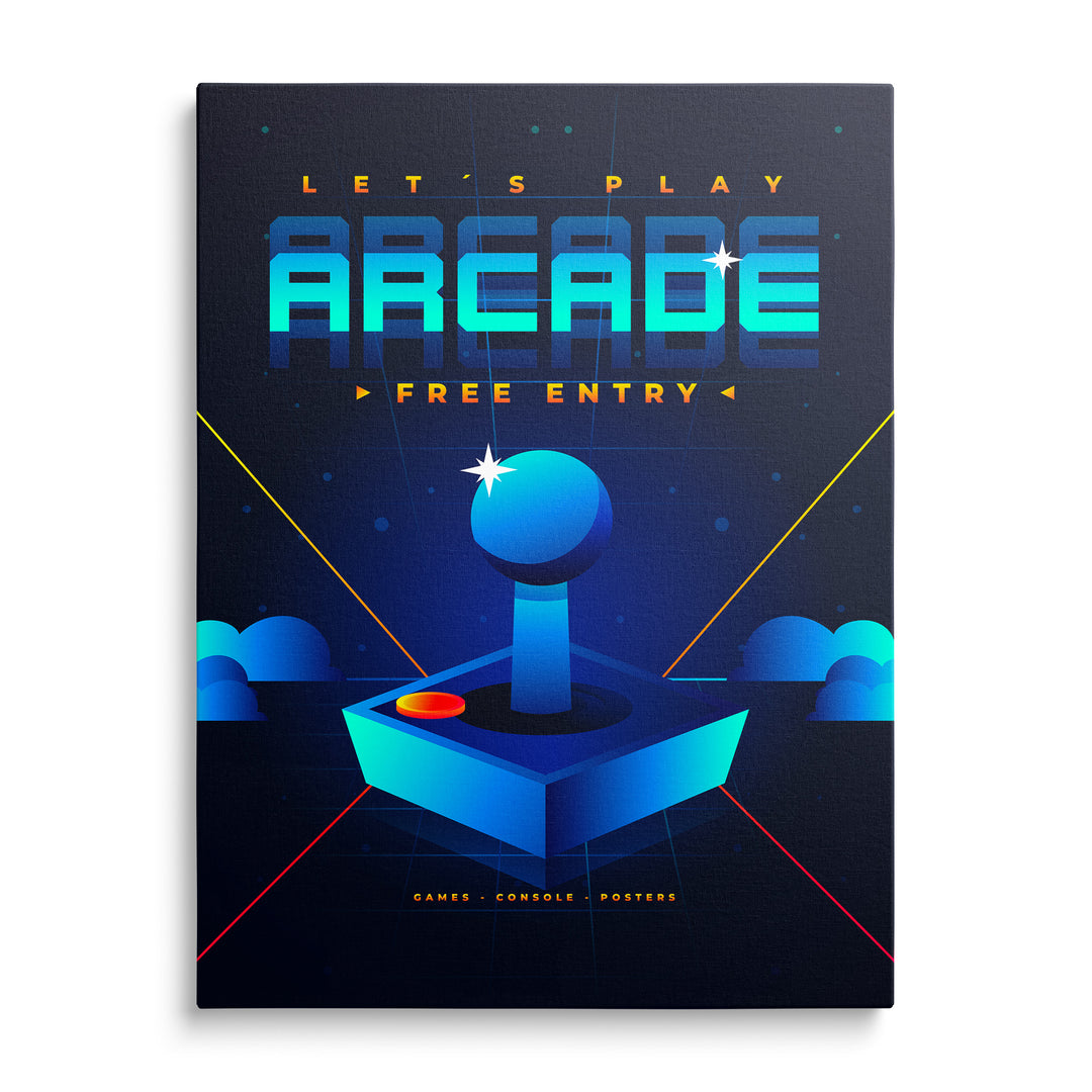 Modrý joystick s červeným tlačítkem na modrotyrkysové krychli, oranžové linie a nápis Let's Play Arcade na tmavém pozadí.