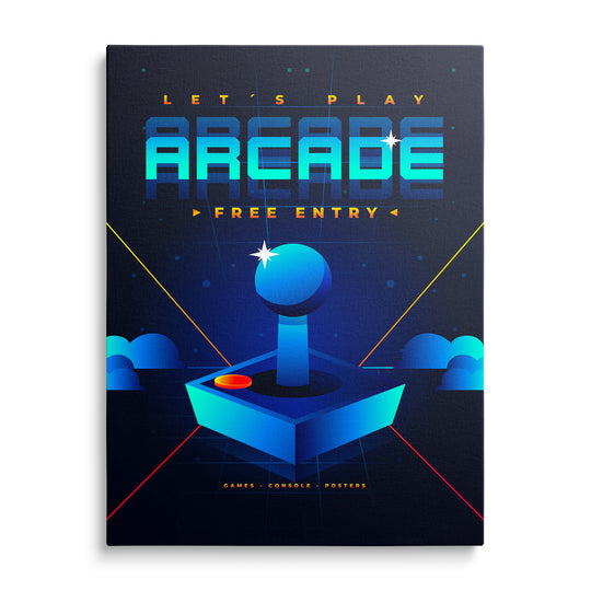 Modrý joystick s červeným tlačítkem na modrotyrkysové krychli, oranžové linie a nápis Let's Play Arcade na tmavém pozadí.