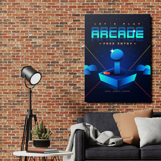 Herní obraz Let's Play Arcade - Modrý joystick na cihlové zdi.