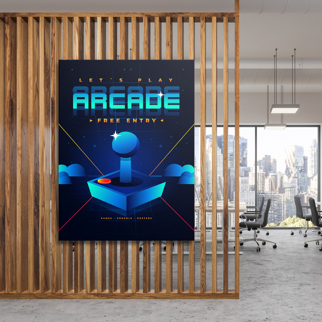 Herní obraz Let's Play Arcade - Modrý joystick na dřevěné stěně.