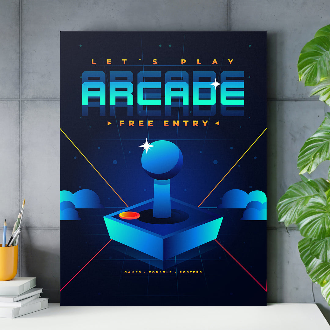 Herní obraz Let's Play Arcade - Modrý joystick nad pracovním stolem.