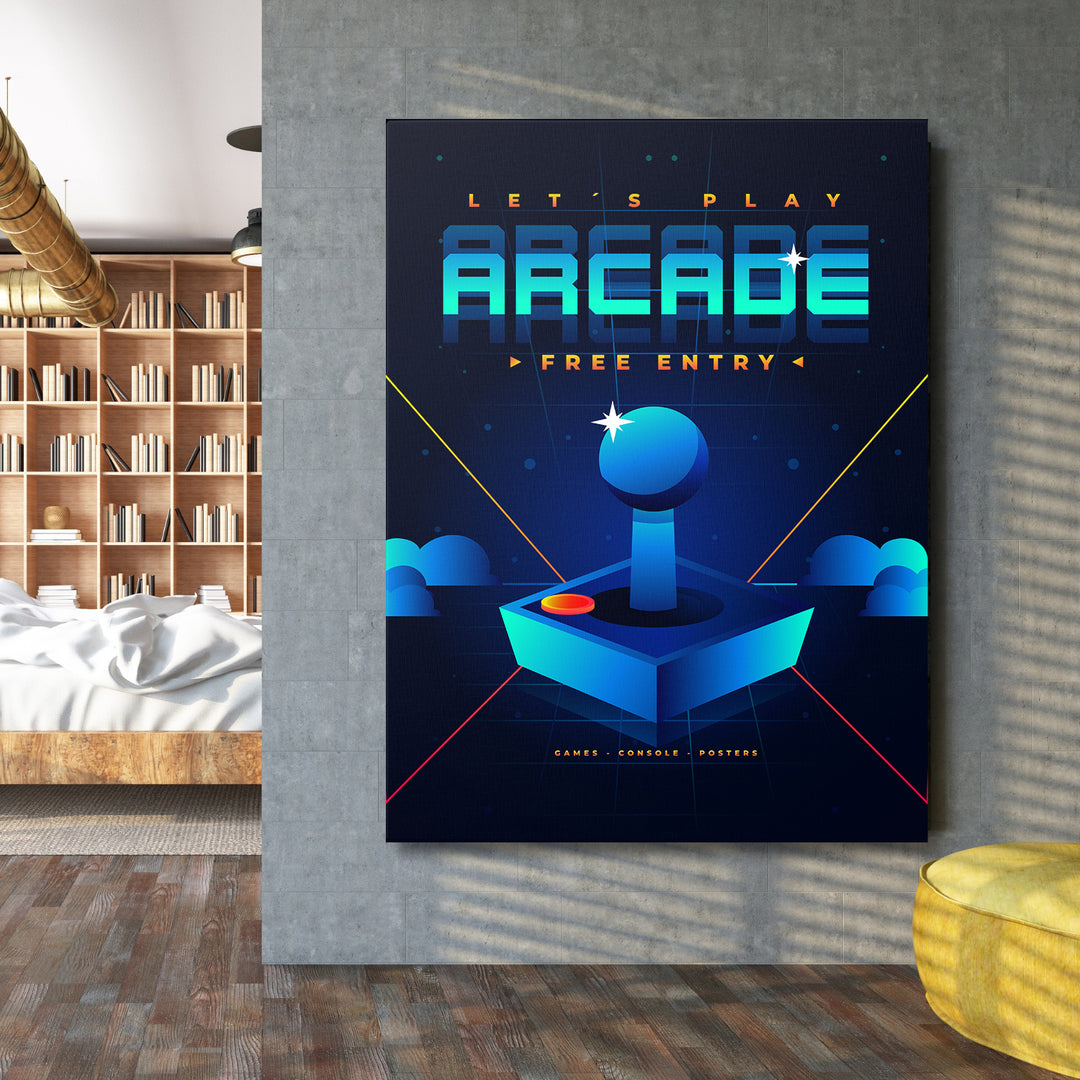 Herní obraz Let's Play Arcade - Modrý joystick na velké stěně.