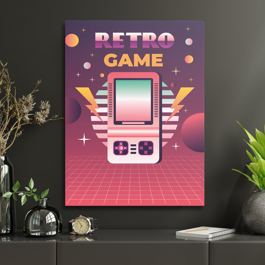 Herní obraz Retro Game - Kapesní konzole v interiéru s hodinami.
