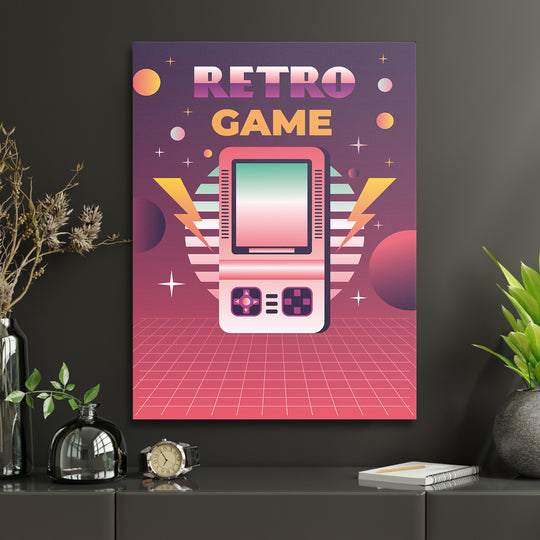 Herní obraz Retro Game - Kapesní konzole v interiéru s hodinami.