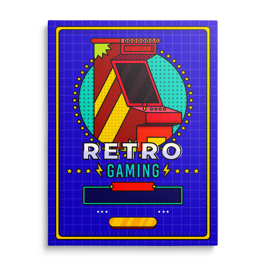 Červenooranžový arkádový automat na modré mřížce, žlutý rám, tyrkysový tečkovaný kruh a nápis Retro Gaming.