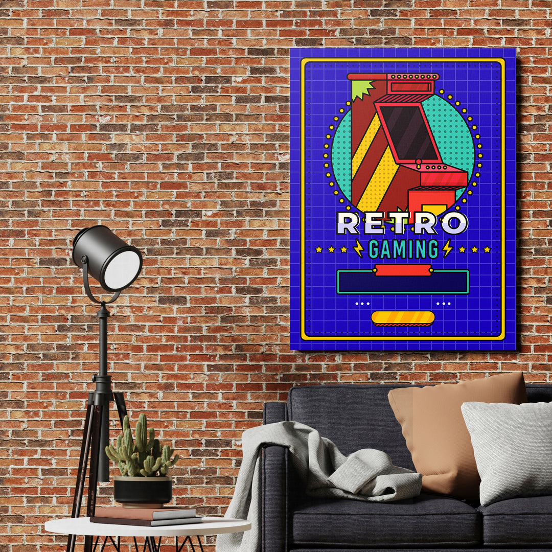 Herní obraz Retro Gaming - Pop art automat na cihlové zdi.