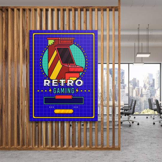 Herní obraz Retro Gaming - Pop art automat na dřevěné stěně.