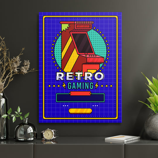 Herní obraz Retro Gaming - Pop art automat v interiéru s hodinami.