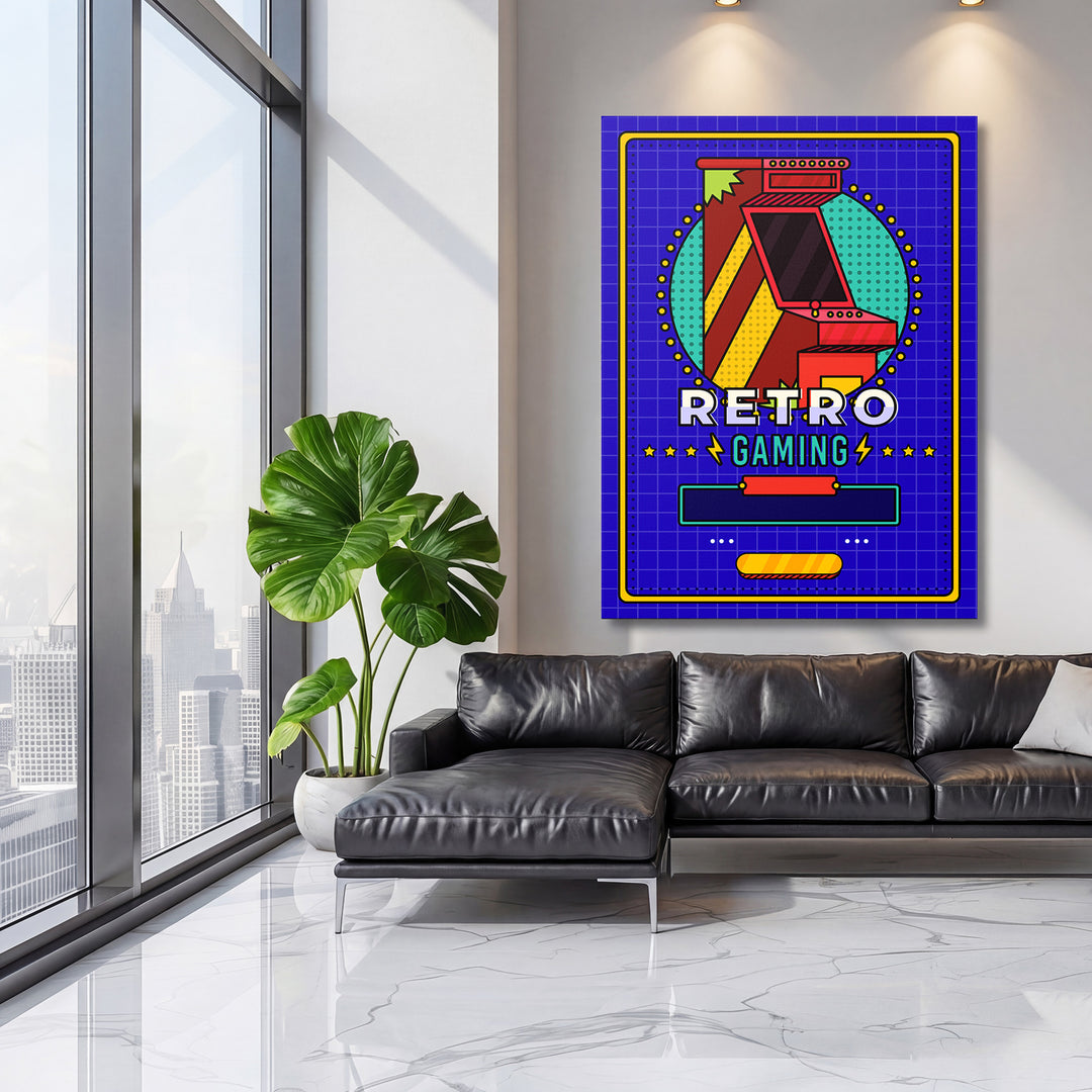 Herní obraz Retro Gaming - Pop art automat na velké stěně, třetí pohled.
