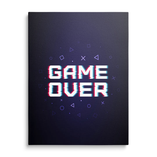Bílý pixelový nápis Game Over s červenými a azurovými glitch okraji na tmavě modrofialovém podkladu s herními symboly.