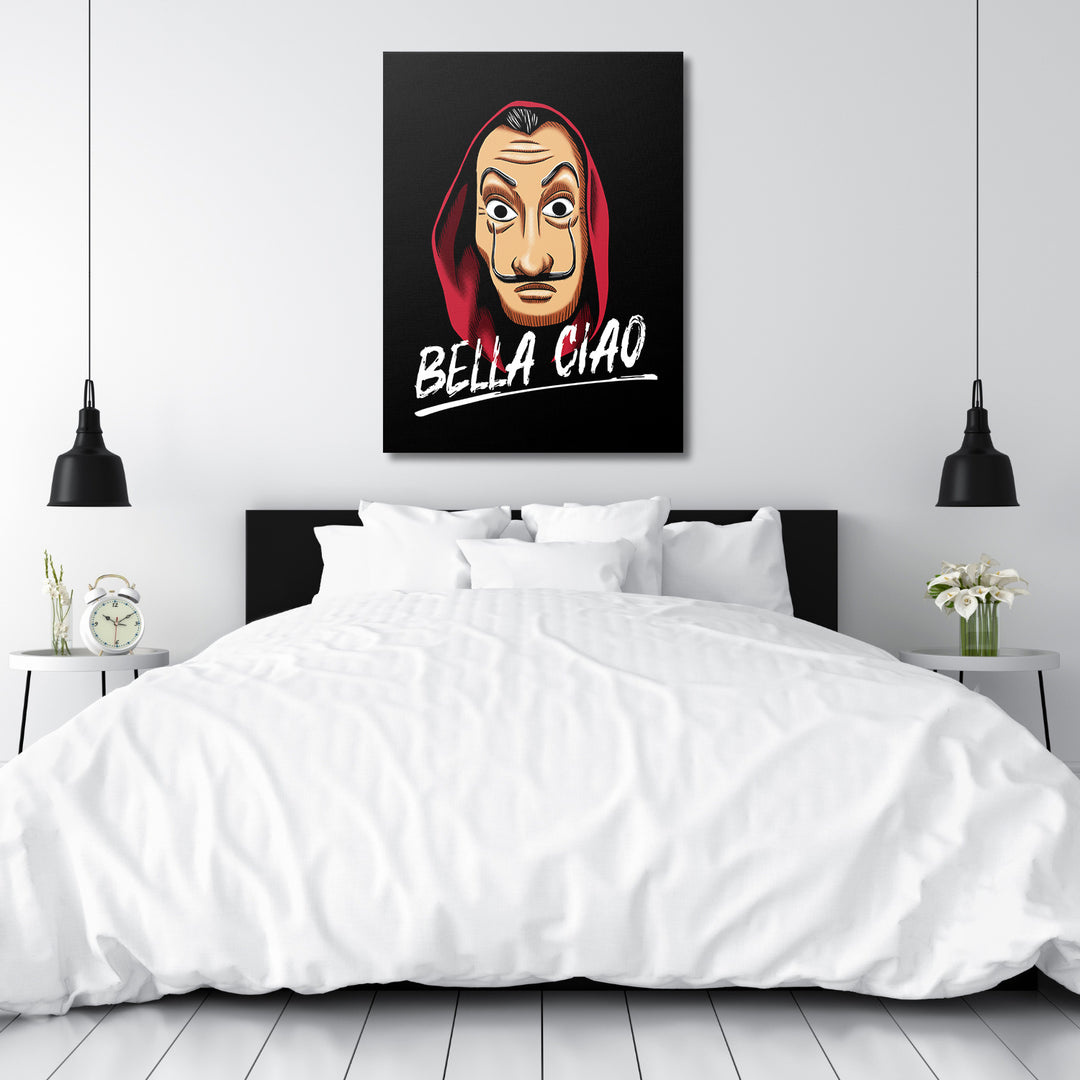 Obraz Papírový dům - Bella Ciao nad postelí.