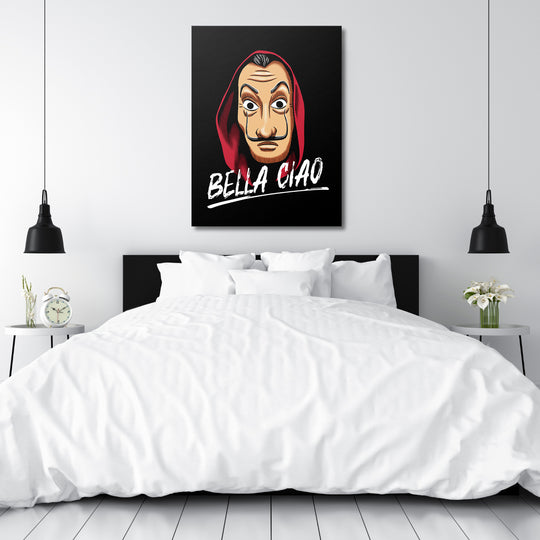 Obraz Papírový dům - Bella Ciao nad postelí.