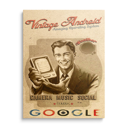 Sépiová ilustrace muže v obleku s tabletem, červený nápis Vintage Android a barevné logo Google na béžovém papíře.