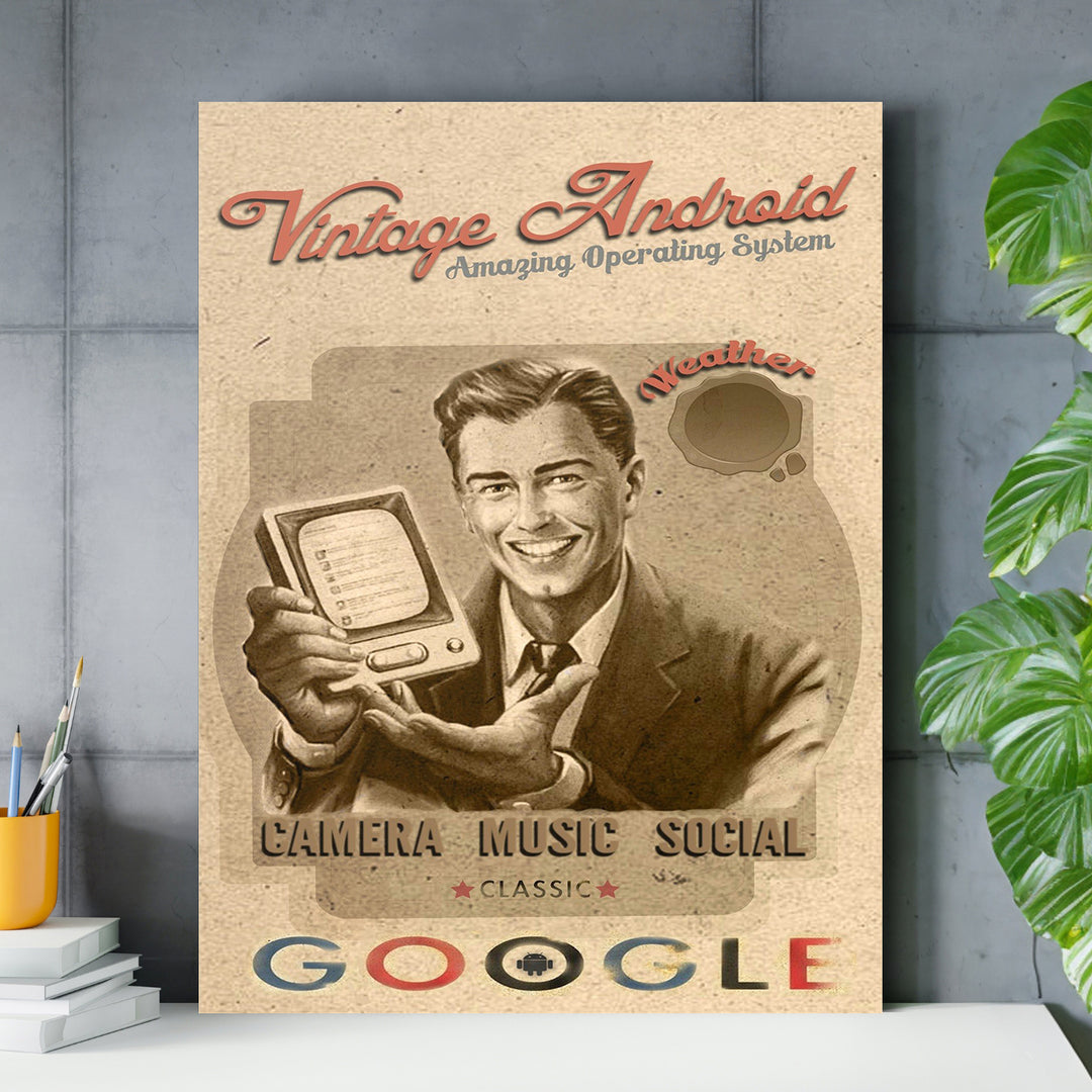 Retro obraz Android - Amazing System nad pracovním stolem.