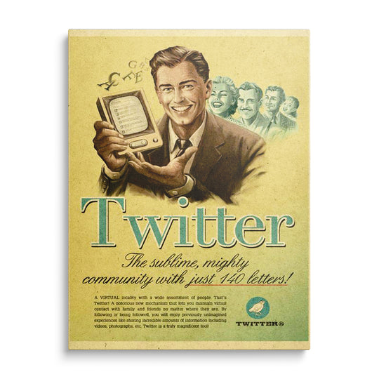 Usměvavý muž v obleku drží obrazovku na béžové retro reklamě s tyrkysovým nápisem Twitter a ptačím logem.