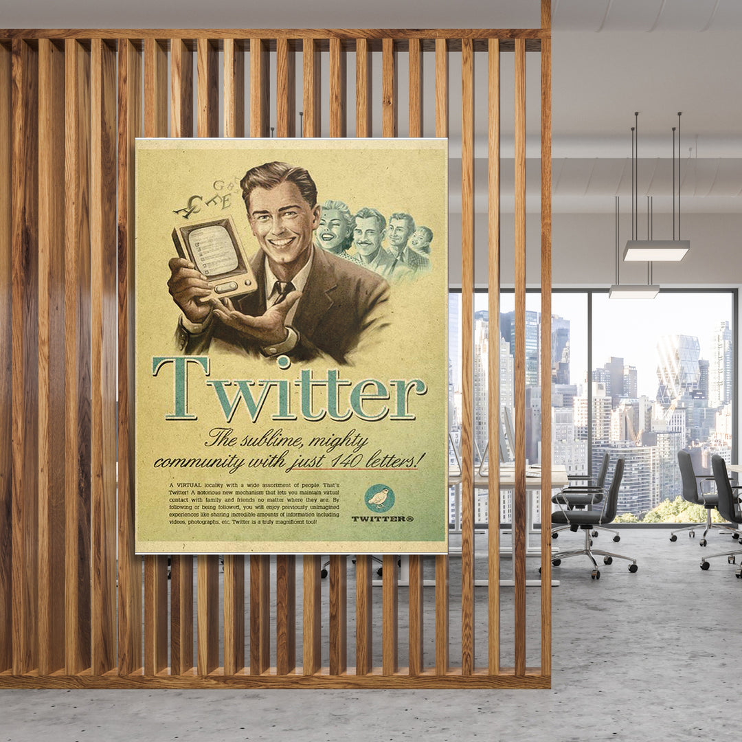 Retro obraz Twitter - 140 písmen na dřevěné stěně.