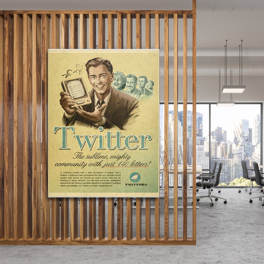Retro obraz Twitter - 140 písmen na dřevěné stěně.