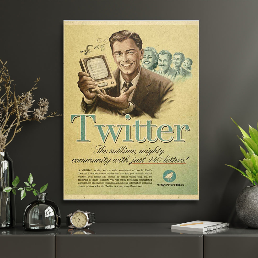 Retro obraz Twitter - 140 písmen v interiéru s hodinami.