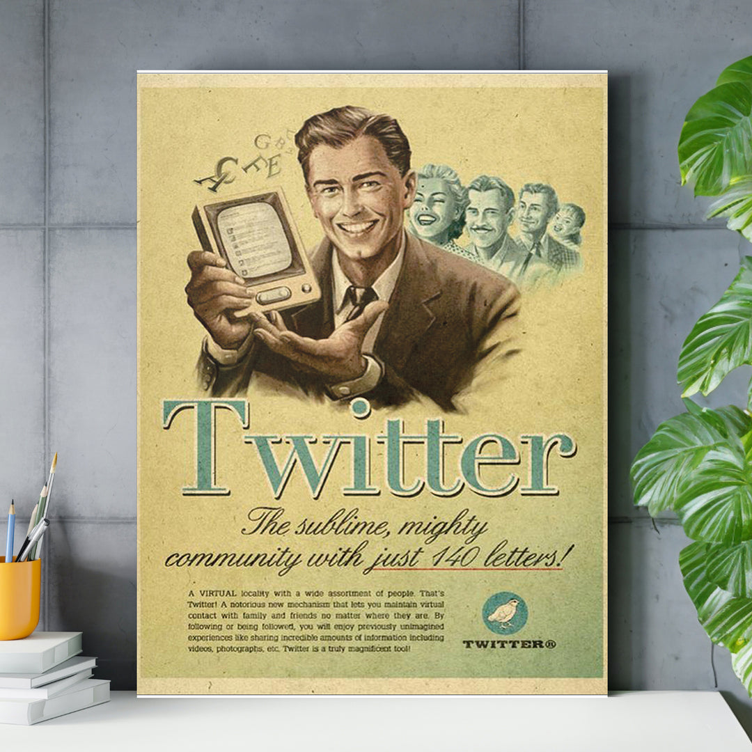 Retro obraz Twitter - 140 písmen nad pracovním stolem.