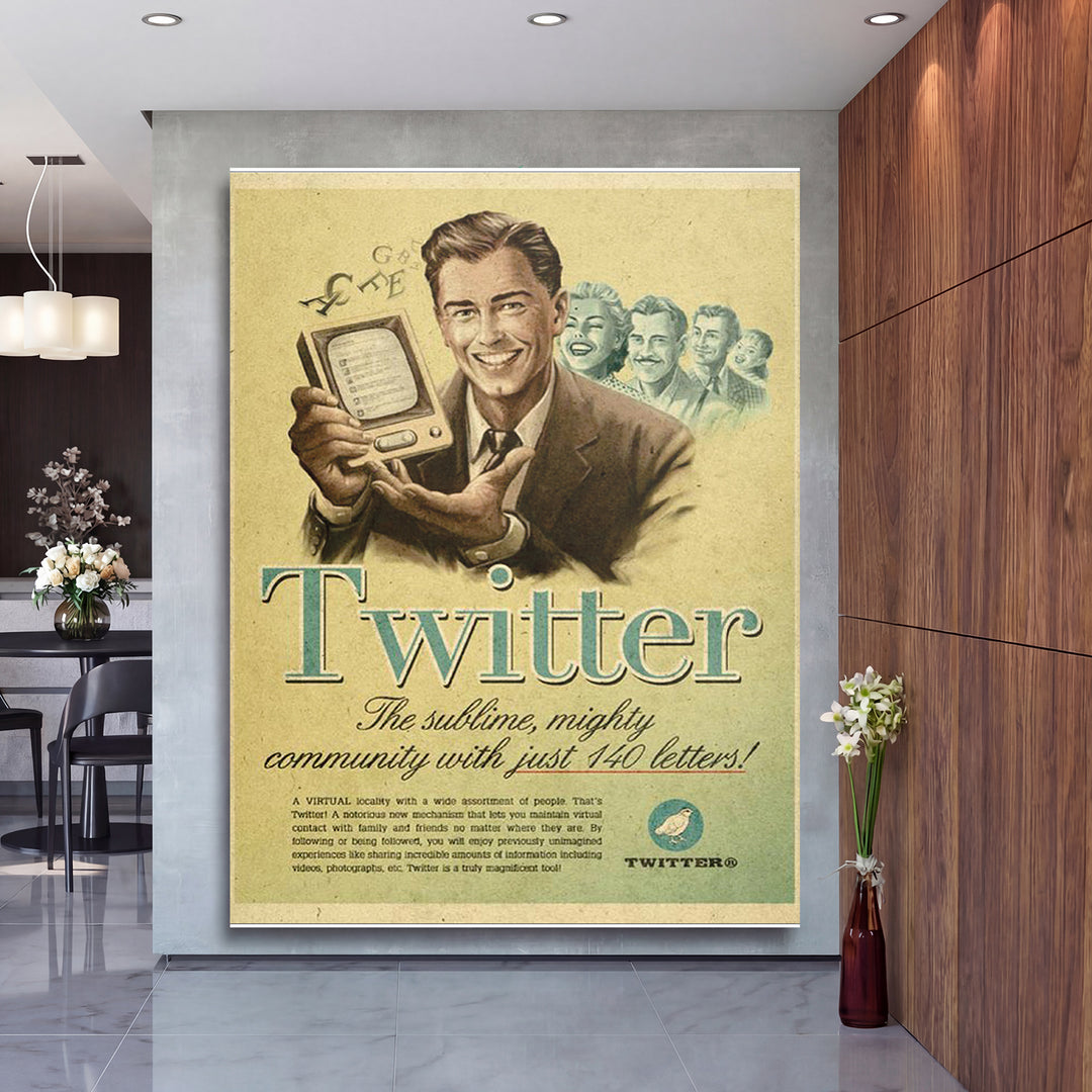 Retro obraz Twitter - 140 písmen na velké stěně, druhý pohled.