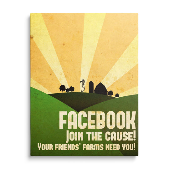 Žluté paprsky nad zelenými kopci a černými siluetami farmy a větrného mlýna, nápisy Facebook a Join the Cause.