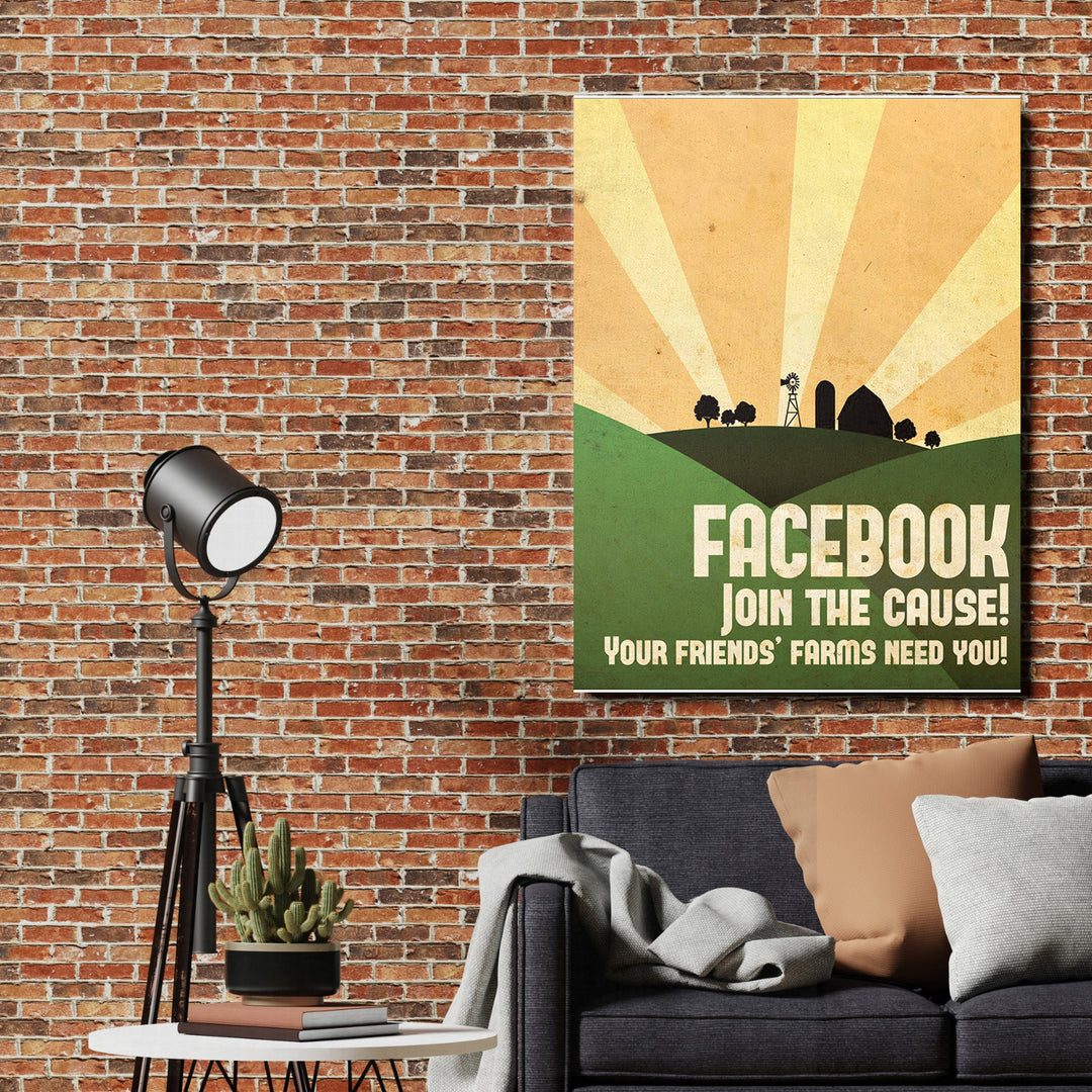 Retro obraz Facebook - Join the Cause na cihlové zdi.