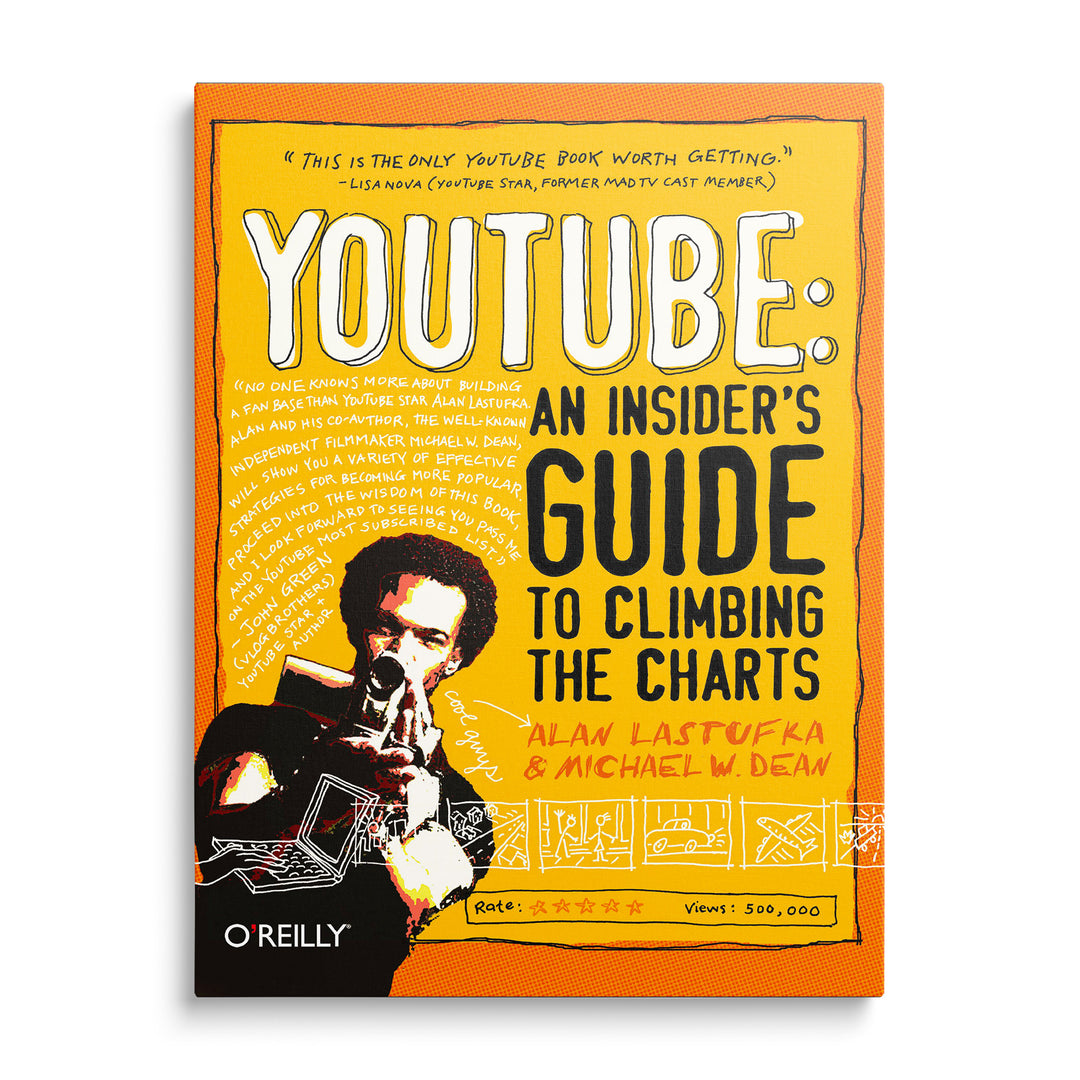 Oranžovožlutá grafika s nápisem YouTube, tečkovaným portrétem, ručně kreslenými písmeny a drobnými ikonami.