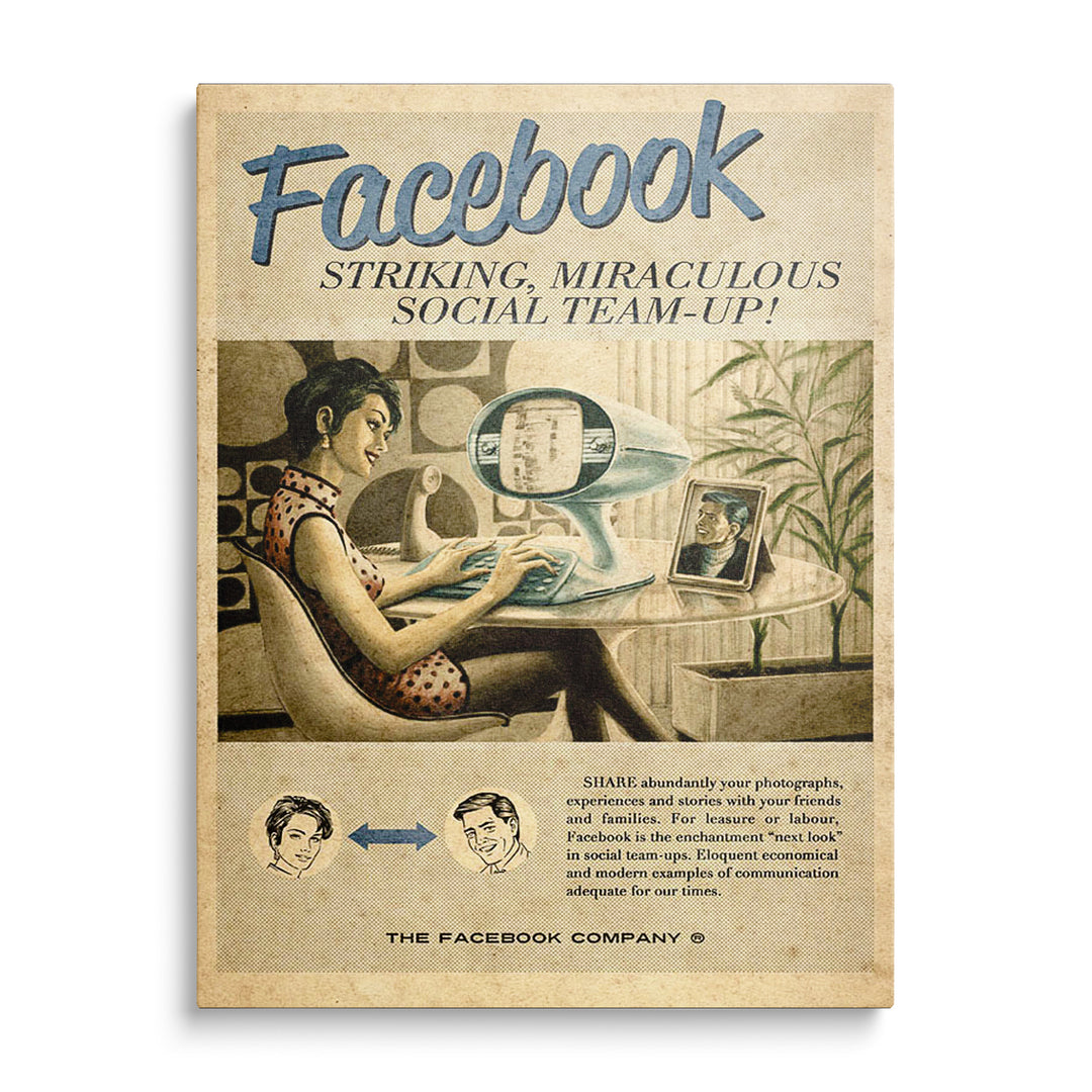 Žena u futuristického počítače na béžové retro reklamě s modrým nápisem Facebook a modrými detaily.