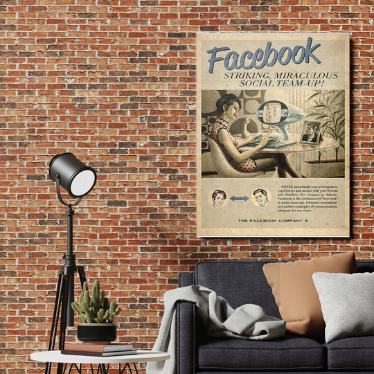 Retro obraz Facebook - Sociální budoucnost na cihlové zdi.