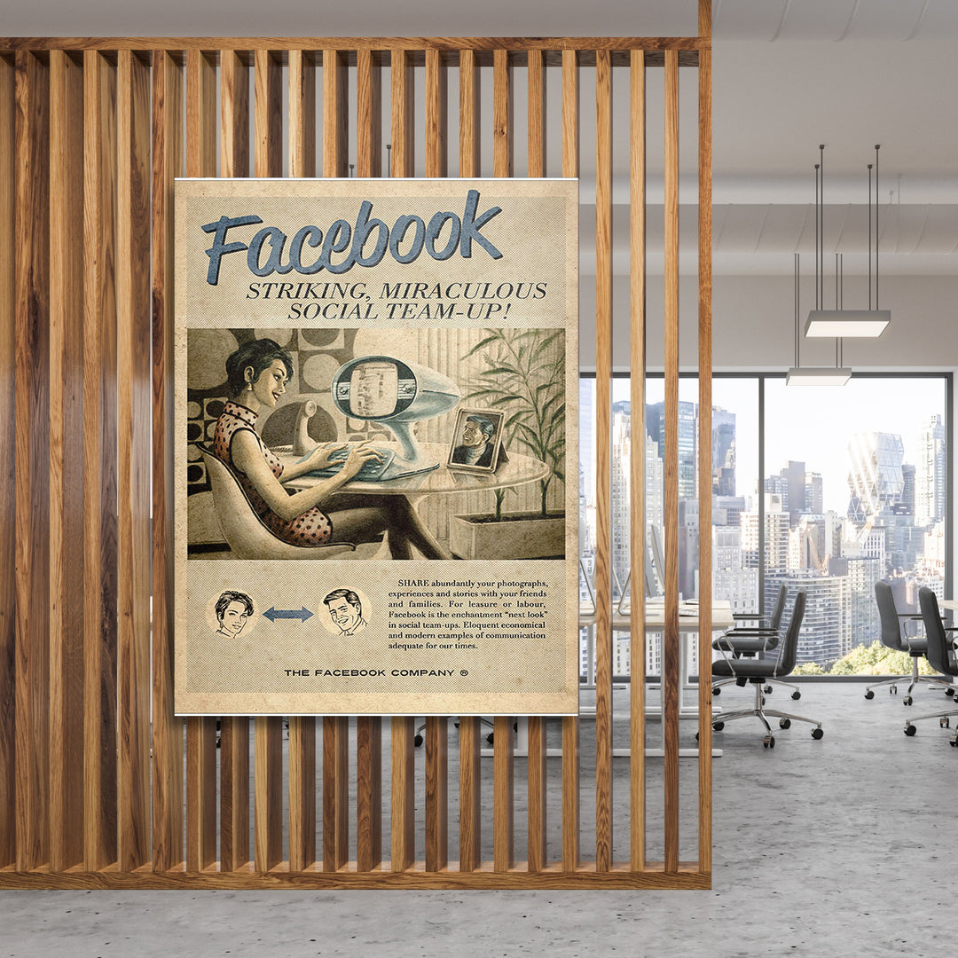 Retro obraz Facebook - Sociální budoucnost na dřevěné stěně.