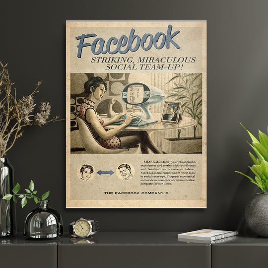 Retro obraz Facebook - Sociální budoucnost v interiéru s hodinami.
