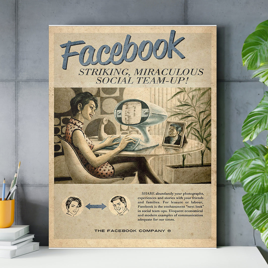 Retro obraz Facebook - Sociální budoucnost nad pracovním stolem.