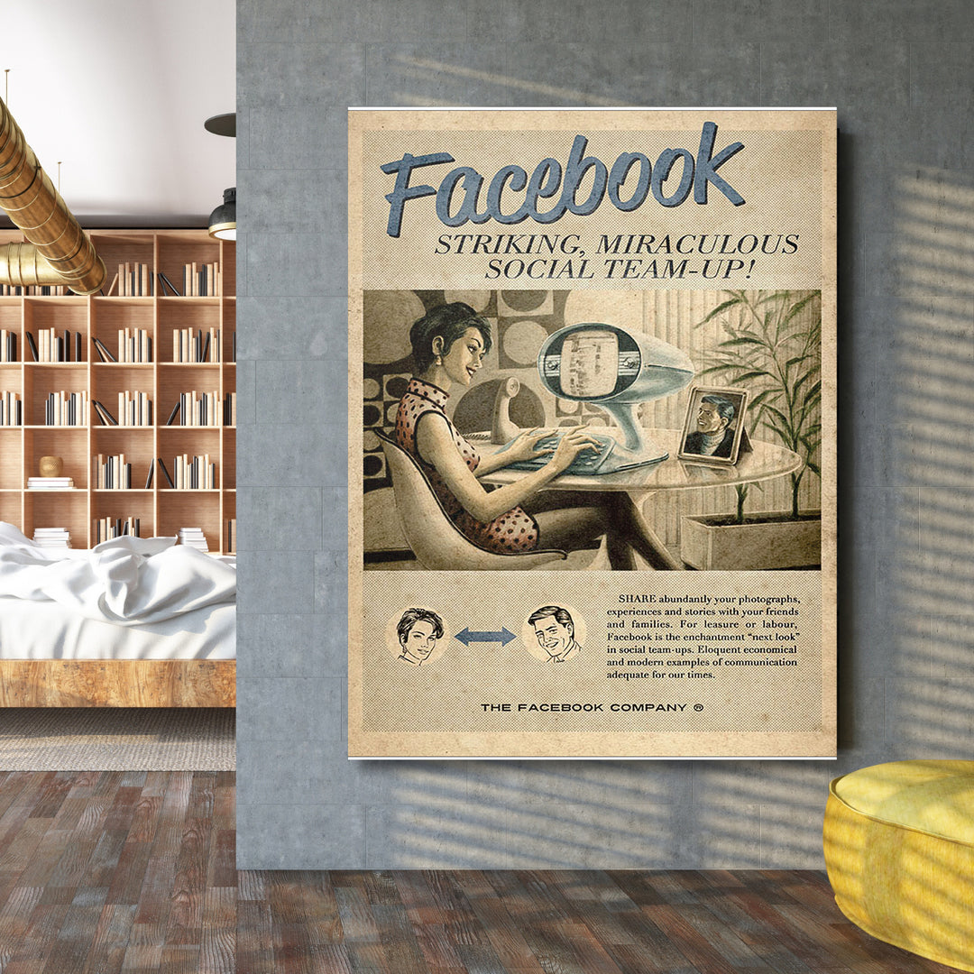 Retro obraz Facebook - Sociální budoucnost na velké stěně.