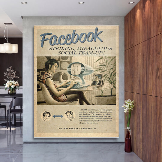 Retro obraz Facebook - Sociální budoucnost na velké stěně, druhý pohled.
