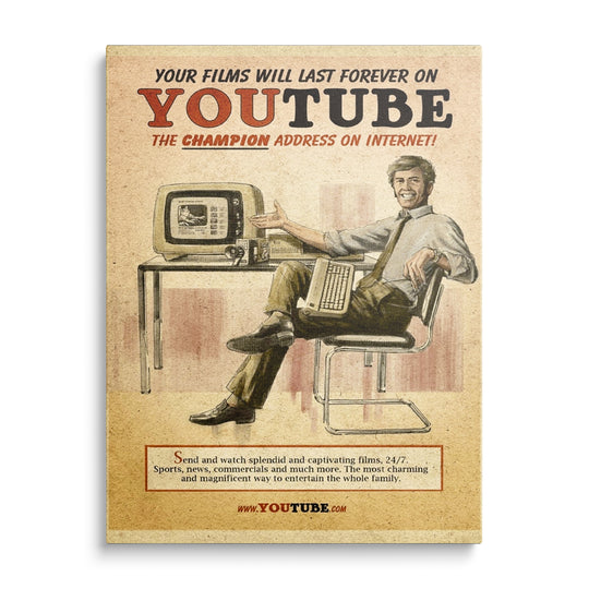 Retro reklamní ilustrace muže u počítače s nápisem YouTube na béžovém podkladu s červenými prvky.