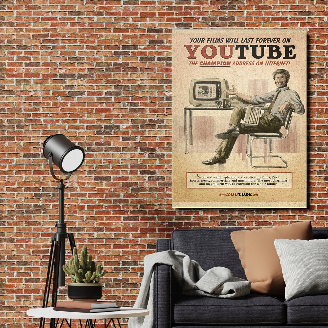 Retro obraz YouTube - Internet po staru na cihlové zdi.