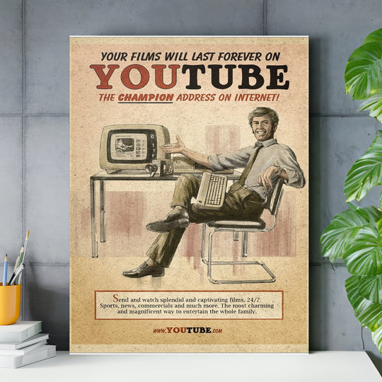 Retro obraz YouTube - Internet po staru nad pracovním stolem.