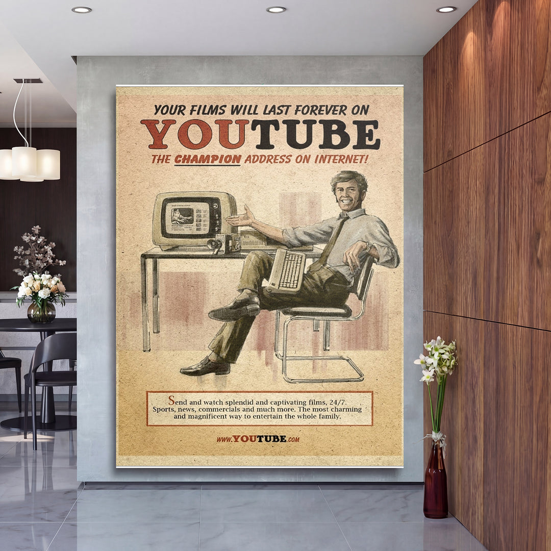 Retro obraz YouTube - Internet po staru na velké stěně, druhý pohled.